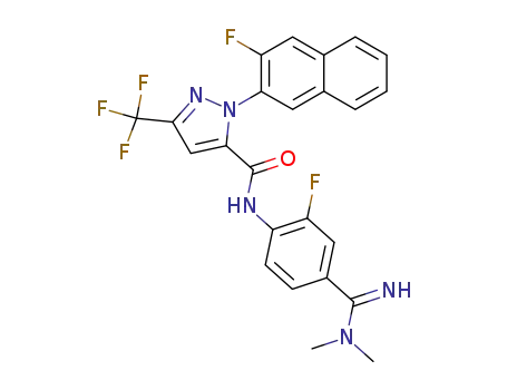 Molecular Structure of 441328-10-5 (1H-Pyrazole-5-carboxamide, N-[4-[(dimethylamino)iminomethyl]-2-fluorophenyl]-1-(3-fluoro-2-naphthalenyl)-3-(trifluoromethyl)-)