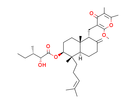 Molecular Structure of 145940-93-8 (Pentanoic acid,2-hydroxy-3-methyl-,(1S,2S,4aR,5R,8aR)-decahydro-5-[(2-methoxy-5,6-dimethyl-4-oxo-4H-pyran-3-yl)methyl]-1,4a-dimethyl-6-methylene-1-(4-methyl-3-penten-1-yl)-2-naphthalenylester, (2R,3S)-)