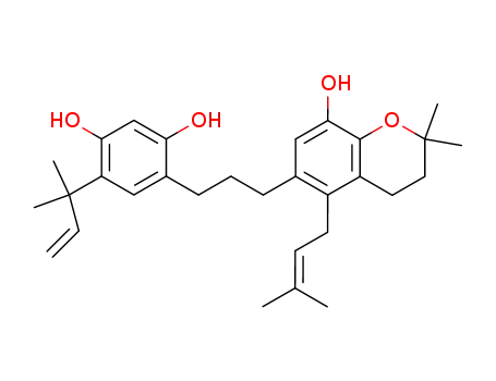 Molecular Structure of 104494-33-9 (1,3-Benzenediol,4-[3-[3,4-dihydro-8-hydroxy-2,2-dimethyl-5-(3-methyl-2-buten-1-yl)-2H-1-benzopyran-6-yl]propyl]-6-(1,1-dimethyl-2-propen-1-yl)-)