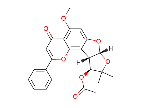 Molecular Structure of 145264-18-2 (4H-Furo[3',2':4,5]furo[2,3-h]-1-benzopyran-4-one,10-(acetyloxy)-7a,9,10,10a-tetrahydro-5-methoxy-9,9-dimethyl-2-phenyl-,(7aR,10S,10aS)-rel-(-)- (9CI))