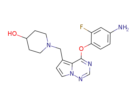 Molecular Structure of 888720-86-3 (4-Piperidinol,
1-[[4-(4-amino-2-fluorophenoxy)pyrrolo[2,1-f][1,2,4]triazin-5-yl]methyl]-)