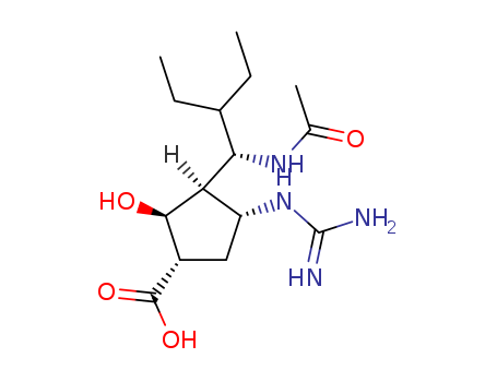 229614-55-5,Peramivir,Peramivir;(1S,2S,3R,4R)-3-(1-acetaMido-2-ethylbutyl)-4-guanidino-2-hydroxycyclopentanecarboxylic acid;3(R)-[1(S)-AcetaMido-2-ethylbutyl]-4(R)-guanidino-2(S)- hydroxycyclopentane-1(S)-carboxylic acid;(1S,2S,3S,4R)-3-[(1S)-1-AcetaMido-2-ethylbutyl]-4-[(diaMinoMethylene)aMino]-2-hydroxycyclopentanecarboxylic acid