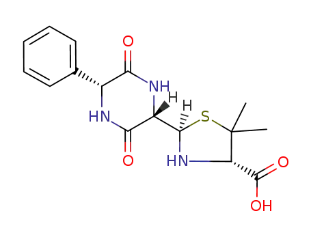 Molecular Structure of 94595-14-9 (2-(3,6-dioxo-5-phenylpiperazin-2-yl)-5,5-dimethyl-1,3-thiazolidine-4-carboxylic acid)