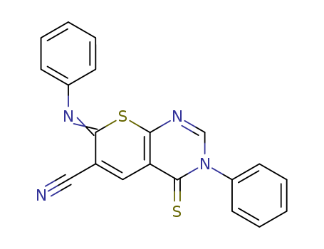 Molecular Structure of 104897-63-4 (3H-Thiopyrano[2,3-d]pyrimidine-6-carbonitrile,
4,7-dihydro-3-phenyl-7-(phenylimino)-4-thioxo-)