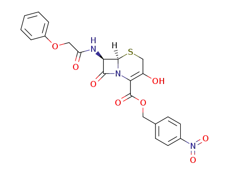 Molecular Structure of 57562-43-3 (5-Thia-1-azabicyclo[4.2.0]oct-2-ene-2-carboxylic acid,
3-hydroxy-8-oxo-7-[(phenoxyacetyl)amino]-, (4-nitrophenyl)methyl ester,
(6R,7R)-)
