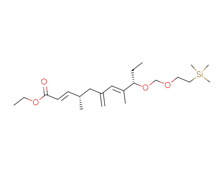Molecular Structure of 594854-63-4 (2,7-Undecadienoic acid,
4,8-dimethyl-6-methylene-9-[[2-(trimethylsilyl)ethoxy]methoxy]-, ethyl
ester, (2E,4S,7E,9S)-)