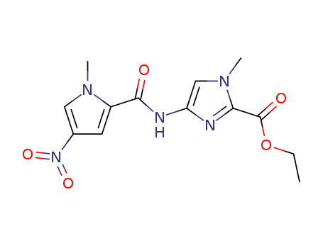 Molecular Structure of 142211-80-1 (1H-Imidazole-2-carboxylic acid,
1-methyl-4-[[(1-methyl-4-nitro-1H-pyrrol-2-yl)carbonyl]amino]-, ethyl
ester)