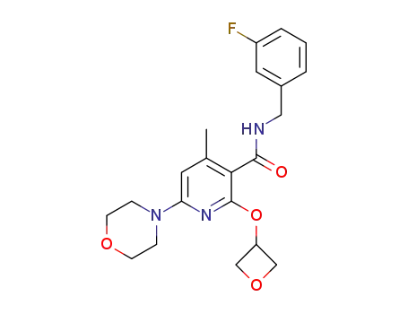Molecular Structure of 1373488-90-4 (N-[(3-fluorophenyl)-methyl]-4-methyl-6-morpholin-4-yl-2-(oxetan-3-yloxy)-pyridine-3-carboxylic acid amide)