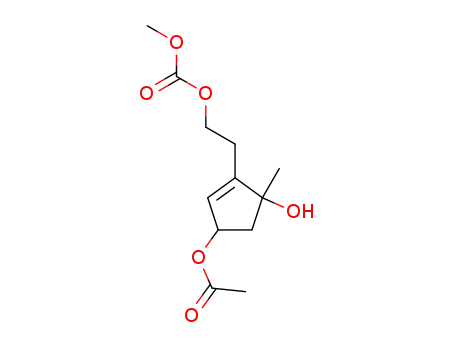 Molecular Structure of 61229-30-9 (Carbonic acid,
2-[3-(acetyloxy)-5-hydroxy-5-methyl-1-cyclopenten-1-yl]ethyl methyl
ester)