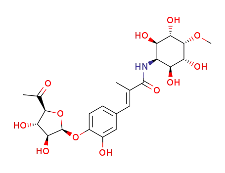 Molecular Structure of 79925-51-2 ((2E)-3-{4-[(6-deoxyhexofuranosyl-5-ulose)oxy]-3-hydroxyphenyl}-2-methyl-N-(2,3,5,6-tetrahydroxy-4-methoxycyclohexyl)prop-2-enamide)