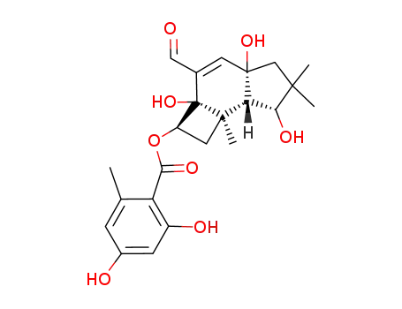 Molecular Structure of 103847-15-0 ((2R,2aS,4aR,7R,7aS,7bR)-3-formyl-2a,4a,7-trihydroxy-6,6,7b-trimethyl-2,2a,4a,5,6,7,7a,7b-octahydro-1H-cyclobuta[e]inden-2-yl 2,4-dihydroxy-6-methylbenzoate)