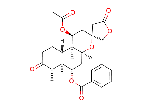 Molecular Structure of 121960-93-8 (Spiro[furan-3(2H),3'-[3H]naphtho[2,1-b]pyran]-5,8'(4H,4'aH)-dione,1'-(acetyloxy)-6'-(benzoyloxy)decahydro-4'a,6'a,7',10'b-tetramethyl-,(1'S,3S,4'aS,6'S,6'aR,7'S,10'aS,10'bS)-)