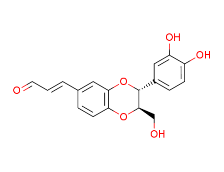 Molecular Structure of 109063-85-6 (2-Propenal,3-[(2R,3R)-3-(3,4-dihydroxyphenyl)-2,3-dihydro-2-(hydroxymethyl)-1,4-benzodioxin-6-yl]-,(2E)-)