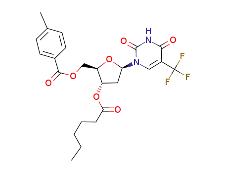 Molecular Structure of 110073-58-0 (4-Methyl-benzoic acid (2R,3S,5R)-5-(2,4-dioxo-5-trifluoromethyl-3,4-dihydro-2H-pyrimidin-1-yl)-3-hexanoyloxy-tetrahydro-furan-2-ylmethyl ester)