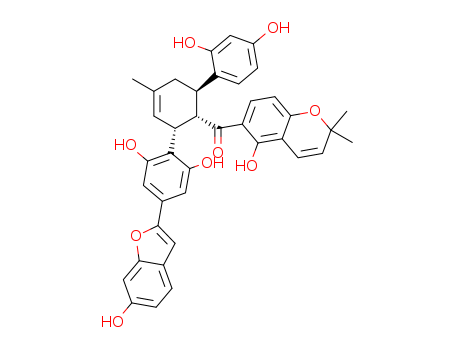 94617-38-6,Mulberrofuran O,[(1S,2R,6R)-2-[2,6-Dihydroxy-4-(6-hydroxy-benzofuran-2-yl)-phenyl]-6-(2,4-dihydroxy-phenyl)-4-methyl-cyclohex-3-enyl]-(5-hydroxy-2,2-dimethyl-2H-chromen-6-yl)-methanone;