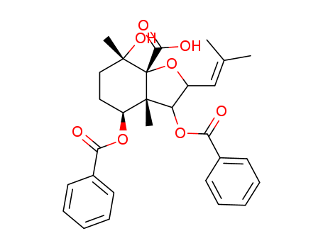 Molecular Structure of 121324-21-8 (7a(2H)-Benzofurancarboxylicacid,3,4-bis(benzoyloxy)hexahydro-7-hydroxy-3a,7-dimethyl-2-(2-methyl-1-propen-1-yl)-,(2S,3R,3aS,4S,7R,7aR)-)