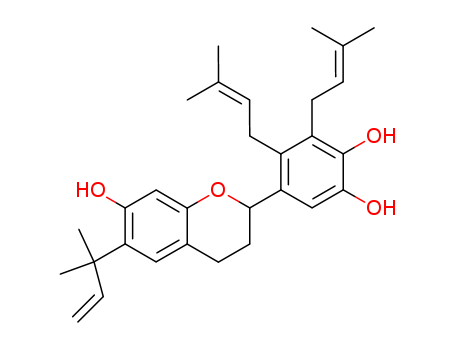 104494-34-0,5-[(2S)-7-hydroxy-6-(2-methylbut-3-en-2-yl)-3,4-dihydro-2H-chromen-2-yl]-3,4-bis(3-methylbut-2-en-1-yl)benzene-1,2-diol,1,2-Benzenediol,5-[(2S)-6-(1,1-dimethyl-2-propenyl)-3,4-dihydro-7-hydroxy-2H-1-benzopyran-2-yl]-3,4-bis(3-methyl-2-butenyl)-(9CI); 1,2-Benzenediol,5-[6-(1,1-dimethyl-2-propenyl)-3,4-dihydro-7-hydroxy-2H-1-benzopyran-2-yl]-3,4-bis(3-methyl-2-butenyl)-,(S)-; Kazinol E