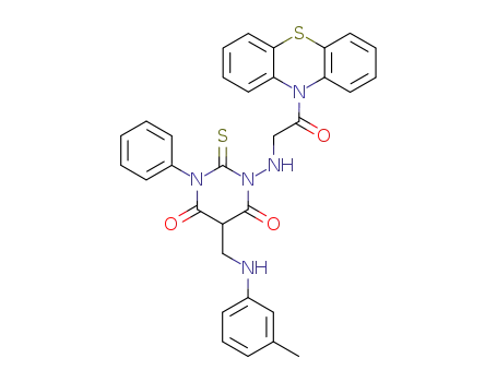 Molecular Structure of 141177-48-2 (5-{[(3-methylphenyl)amino]methyl}-1-{[2-oxo-2-(10H-phenothiazin-10-yl)ethyl]amino}-3-phenyl-2-thioxodihydropyrimidine-4,6(1H,5H)-dione)