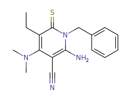 Molecular Structure of 114263-09-1 (3-Pyridinecarbonitrile,
2-amino-4-(dimethylamino)-5-ethyl-1,6-dihydro-1-(phenylmethyl)-6-thiox
o-)
