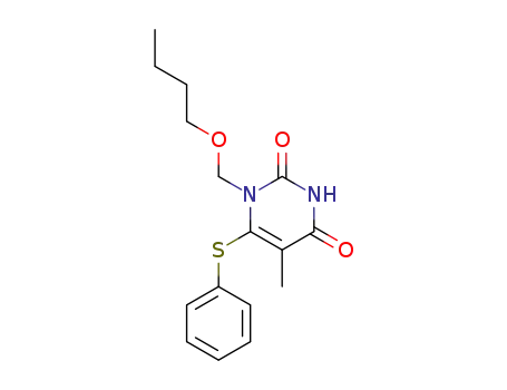 Molecular Structure of 136160-31-1 (1-(butoxymethyl)-5-methyl-6-(phenylsulfanyl)pyrimidine-2,4(1H,3H)-dione)