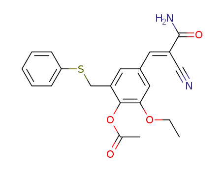 Molecular Structure of 107788-05-6 (4-[(1E)-3-amino-2-cyano-3-oxoprop-1-en-1-yl]-2-ethoxy-6-[(phenylsulfanyl)methyl]phenyl acetate)
