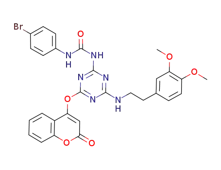 Molecular Structure of 1173547-51-7 (1-(4-bromophenyl)-3-(4-(3,4-dimethoxyphenethylamino)-6-(2-oxo-2H-chromen-4-yloxy)-1,3,5-triazin-2-yl)urea)