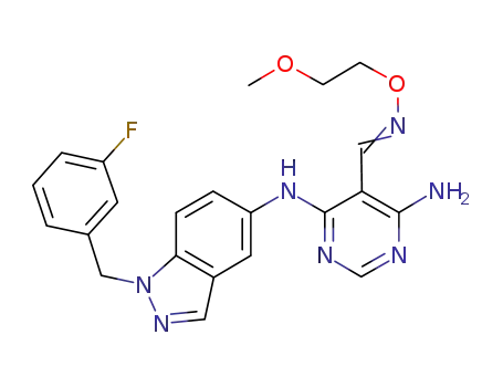 Molecular Structure of 1044506-82-2 (5-Pyrimidinecarboxaldehyde, 4-amino-6-[[1-[(3-fluorophenyl)methyl]-1H-indazol-5-yl]amino]-, O-(2-methoxyethyl)oxime)
