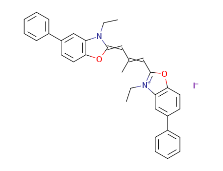 29572-80-3,3-ethyl-2-[(1E,3Z)-3-(3-ethyl-5-phenyl-1,3-benzoxazol-2(3H)-ylidene)-2-methylprop-1-en-1-yl]-5-phenyl-1,3-benzoxazol-3-ium iodide,3-Ethyl-2-[3-(3-ethyl-5-phenyl-2-benzoxazolinylidene)-2-methylpropenyl]-5-phenylbenzoxazoliumiodide (6CI,7CI); Benzoxazolium,3-ethyl-2-[3-(3-ethyl-5-phenyl-2(3H)-benzoxazolylidene)-2-methyl-1-propenyl]-5-phenyl-,iodide (9CI); Benzoxazolium, 3-ethyl-2-[3-(3-ethyl-5-phenyl-2-benzoxazolinylidene)-2-methylpropenyl]-5-phenyl-,iodide (8CI)