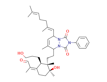 Molecular Structure of 139626-36-1 (Propanal,
2-[3-[2-[8-(2,6-dimethyl-1,5-heptadienyl)-2,3,5,8-tetrahydro-6-methyl-1,3
-dioxo-2-phenyl-1H-[1,2,4]triazolo[1,2-a]pyridazin-5-yl]ethyl]-4-hydroxy-2
-(3-hydroxypropyl)-3,4-dimethylcyclohexylidene]-)