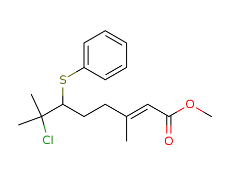 Molecular Structure of 39892-43-8 (2-Octenoic acid, 7-chloro-3,7-dimethyl-6-(phenylthio)-, methyl ester,
(E)-)