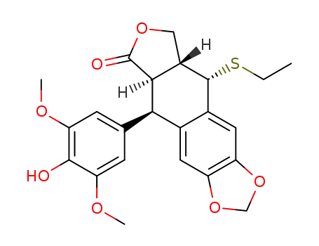Molecular Structure of 118356-06-2 (Furo[3',4':6,7]naphtho[2,3-d]-1,3-dioxol-6(5aH)-one,9-(ethylthio)-5,8,8a,9-tetrahydro-5-(4-hydroxy-3,5-dimethoxyphenyl)-, [5R-(5a,5ab,8aa,9b)]- (9CI))