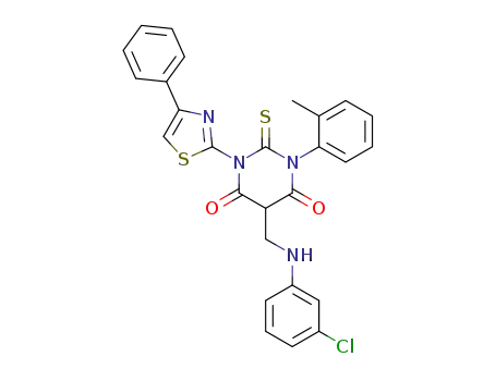 Molecular Structure of 139356-76-6 (5-[[(3-chlorophenyl)amino]methyl]-1-(2-methylphenyl)-3-(4-phenyl-1,3-t hiazol-2-yl)-2-sulfanylidene-1,3-diazinane-4,6-dione)