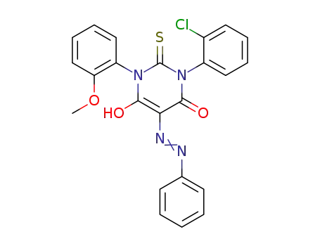 Molecular Structure of 76153-11-2 (1-(2-chlorophenyl)-3-(2-methoxyphenyl)-5-(phenylhydrazono)-2-thioxodihydropyrimidine-4,6(1H,5H)-dione)