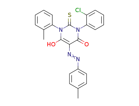 Molecular Structure of 76153-37-2 (1-(2-chlorophenyl)-3-(2-methylphenyl)-5-[(4-methylphenyl)hydrazono]-2-thioxodihydropyrimidine-4,6(1H,5H)-dione)