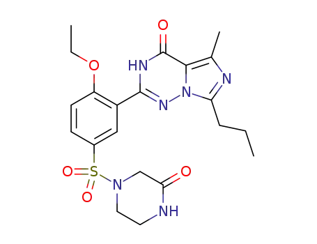 Molecular Structure of 448184-58-5 (2-{2-ethoxy-5-[(3-oxo-1-piperazinyl)sulfonyl]phenyl}-5-methyl-7-propylimidazo[5,1-f]-1,2,4-triazin-4(3H)-one)
