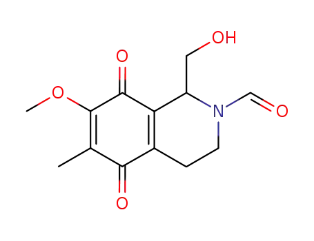 Molecular Structure of 124909-66-6 (1-(hydroxymethyl)-7-methoxy-6-methyl-5,8-dioxo-3,4-dihydro-1H-isoquino line-2-carbaldehyde)