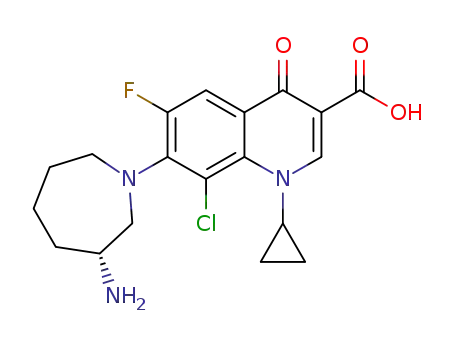 Molecular Structure of 141388-76-3 ((R)-7-(3-Aminohexahydro-1H-azepin-1-yl)-8-chloro-1-cyclopropyl-6-fluoro-1,4-dihydro-4-oxo-3-quinolinecarboxylic acid)