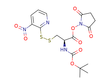 100108-75-6,tert-butyloxycarbonyl-(S-(3-nitro-2-pyridinesulfenyl))cysteine-N-hydroxysuccinimide,Carbamicacid, [(1R)-2-[(2,5-dioxo-1-pyrrolidinyl)oxy]-1-[[(3-nitro-2-pyridinyl)dithio]methyl]-2-oxoethyl]-,1,1-dimethylethyl ester (9CI); Carbamic acid,[2-[(2,5-dioxo-1-pyrrolidinyl)oxy]-1-[[(3-nitro-2-pyridinyl)dithio]methyl]-2-oxoethyl]-,1,1-dimethylethyl ester, (R)-