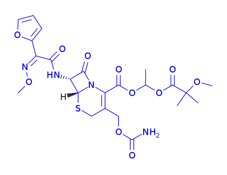 Molecular Structure of 100680-33-9 (1-[(2-methoxy-2-methylpropanoyl)oxy]ethyl (6R,7R)-3-[(carbamoyloxy)methyl]-7-{[(2Z)-2-furan-2-yl-2-(methoxyimino)acetyl]amino}-8-oxo-5-thia-1-azabicyclo[4.2.0]oct-2-ene-2-carboxylate)