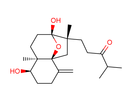 Molecular Structure of 103772-44-7 (3-Pentanone,1-[(1R,4aR,6R,7R,9aR)-decahydro-1,7-dihydroxy-6,9a-dimethyl-4-methylene-4a,7-epoxy-4aH-benzocyclohepten-6-yl]-4-methyl-,rel-(-)-)