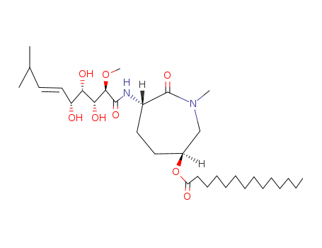 104947-69-5,bengamide B,D-gulo-Non-6-enonamide,6,7,8,9-tetradeoxy-N-[hexahydro-1-methyl-2-oxo-6-[(1-oxotetradecyl)oxy]-1H-azepin-3-yl]-8-methyl-2-O-methyl-,[1(3S,6S),6E]-; (+)-Bengamide B; Bengamide B