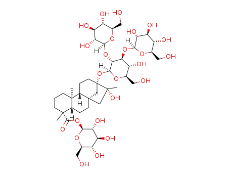 Molecular Structure of 1058600-91-1 (13-[(2-O-β-D-glucopyranosyl-3-O-β-D-glucopyranosyl-β-D-glucopyranosyl)oxy]-16-hydroxykauran-18-oic acid β-D-glucopyranosyl ester)
