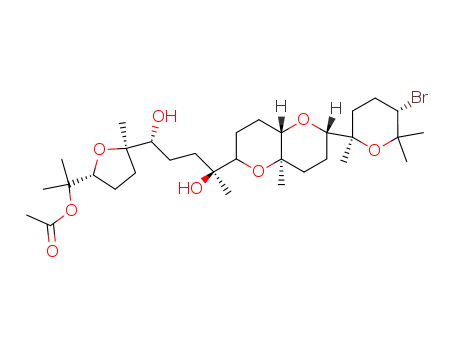 96304-95-9,thyrsiferyl 23-acetate,2,5-Furandimethanol,a2-[(3S)-3-[(2R,4aR,6R,8aS)-6-[(2S,5R)-5-bromotetrahydro-2,6,6-trimethyl-2H-pyran-2-yl]octahydro-8a-methylpyrano[3,2-b]pyran-2-yl]-3-hydroxybutyl]tetrahydro-a5,a5,2-trimethyl-, a5-acetate, (a2S,2R,5R)- (9CI); 2,5-Furandimethanol, a2-[3-[6-(5-bromotetrahydro-2,6,6-trimethyl-2H-pyran-2-yl)octahydro-8a-methylpyrano[3,2-b]pyran-2-yl]-3-hydroxybutyl]tetrahydro-a5,a5,2-trimethyl-, a5-acetate, [2R-[2a[S*[S*(2R*,5R*)]],4ab,6a(2S*,5R*),8aa]]-;Thyrsiferyl 23-acetate