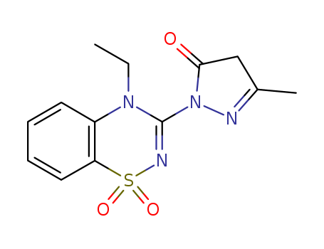 107089-86-1,2-(4-ethyl-1,1-dioxido-4H-1,2,4-benzothiadiazin-3-yl)-5-methyl-2,4-dihydro-3H-pyrazol-3-one,3H-Pyrazol-3-one,2-(4-ethyl-4H-1,2,4-benzothiadiazin-3-yl)-2,4-dihydro-5-methyl-, S,S-dioxide;4H-1,2,4-Benzothiadiazine, 3H-pyrazol-3-one deriv.