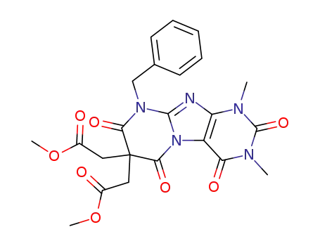 Molecular Structure of 107569-04-0 (Pyrimido[2,1-f]purine-7,7(6H)-diacetic  acid,  1,2,3,4,8,9-hexahydro-1,3-dimethyl-2,4,6,8-tetraoxo-9-(phenylmethyl)-,  dimethyl  ester  (9CI))