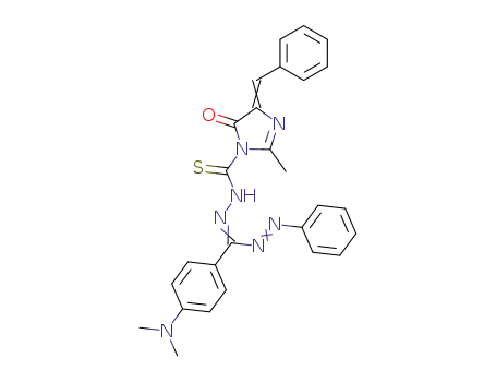 Molecular Structure of 109911-99-1 ((5E)-5-benzylidene-3-({(E)-[(E)-[4-(dimethylamino)phenyl](2-phenylhydrazinylidene)methyl]diazenyl}carbothioyl)-2-methyl-3,5-dihydro-4H-imidazol-4-one)
