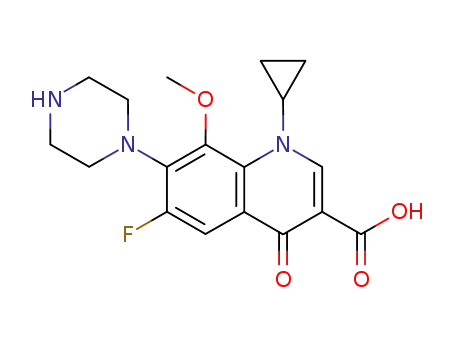 Molecular Structure of 112811-57-1 (1-Cyclopropyl-6-fluoro-8-Methoxy-4-oxo-7-(piperazin-1-yl)1,4-dihydroquinoline-3-carboxylic acid)
