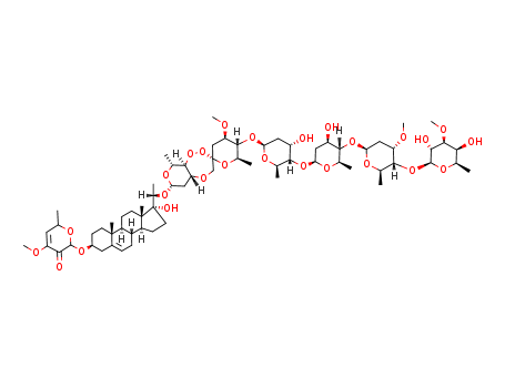 119902-16-8,periplocoside K,2H-Pyran-3(6H)-one,2-[[(3b,20S)-20-[[5-[(O-6-deoxy-3-O-methyl-b-D-galactopyranosyl-(1®4)-O-2,6-dideoxy-3-O-methyl-b-D-ribo-hexopyranosyl-(1®4)-O-2,6-dideoxy-b-D-arabino-hexopyranosyl-(1®4)-2,6-dideoxy-b-D-ribo-hexopyranosyl)oxy]octahydro-4-methoxy-6,9'-dimethylspiro[2H-pyran-2,3'(4'H)-[7H]pyrano[3,4-c][1,2,5]trioxepin]-7-yl]oxy]-17-hydroxypregn-5-en-3-yl]oxy]-4-methoxy-6-methyl-,[3'S-[3'a(4S*,5S*,6S*),5'ab,7'a(6S*),9'a,9'aa]]-; Pregnane, 2H-pyran-3(6H)-onederiv.; Spiro[2H-pyran-2,3'(4'H)-[7H]pyrano[3,4-c][1,2,5]trioxepin],2H-pyran-3(6H)-one deriv.; Periplocoside K
