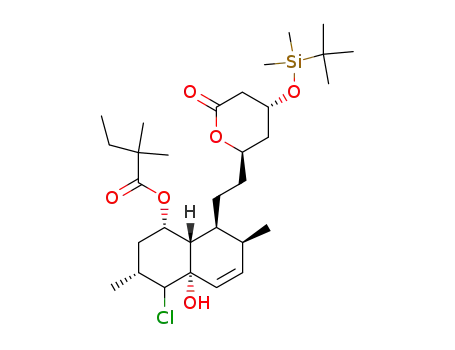 Molecular Structure of 123852-10-8 (2,2-Dimethylbutanoic Acid [1S-[1a,3a,4,4aa,7,8(2S*,4S*)]]-4-Chloro-8-[2-[4-[[(1,1-Dimethylethyl)dimethylsilyl]oxy]tetrahydro-6-oxo-2H-pyran-2-yl]ethyl]-1,2,3,4,4a,7,8,8a-octahydro-4a-hydroxy-3,7-dimethyl-1-naphthalenyl Ester)