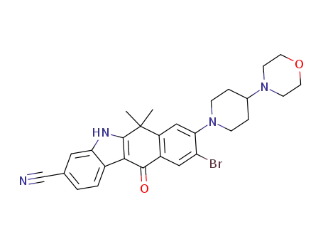 Molecular Structure of 1256579-62-0 (9-broMo-6,6-diMethyl-8-(4-Morpholinopiperidin-1-yl)-11-oxo-6,11-dihydro-5H-benzo[b]carbazole-3-carbonitrile)